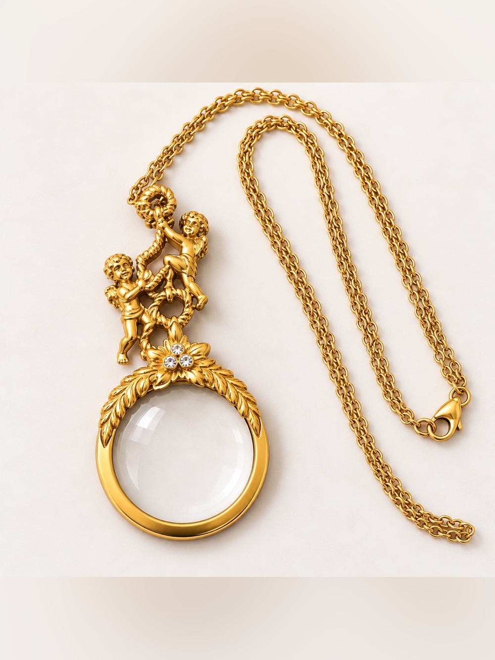 Gold Circle Cherub Magnifying Pendant Necklace for Women